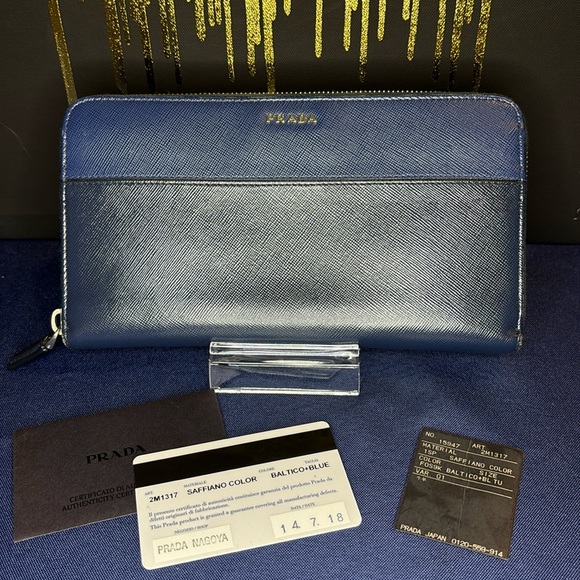 PRADA | Bi Color Saffiano Leather Long Zippy Wallet in Blue - Picture 1 of 11